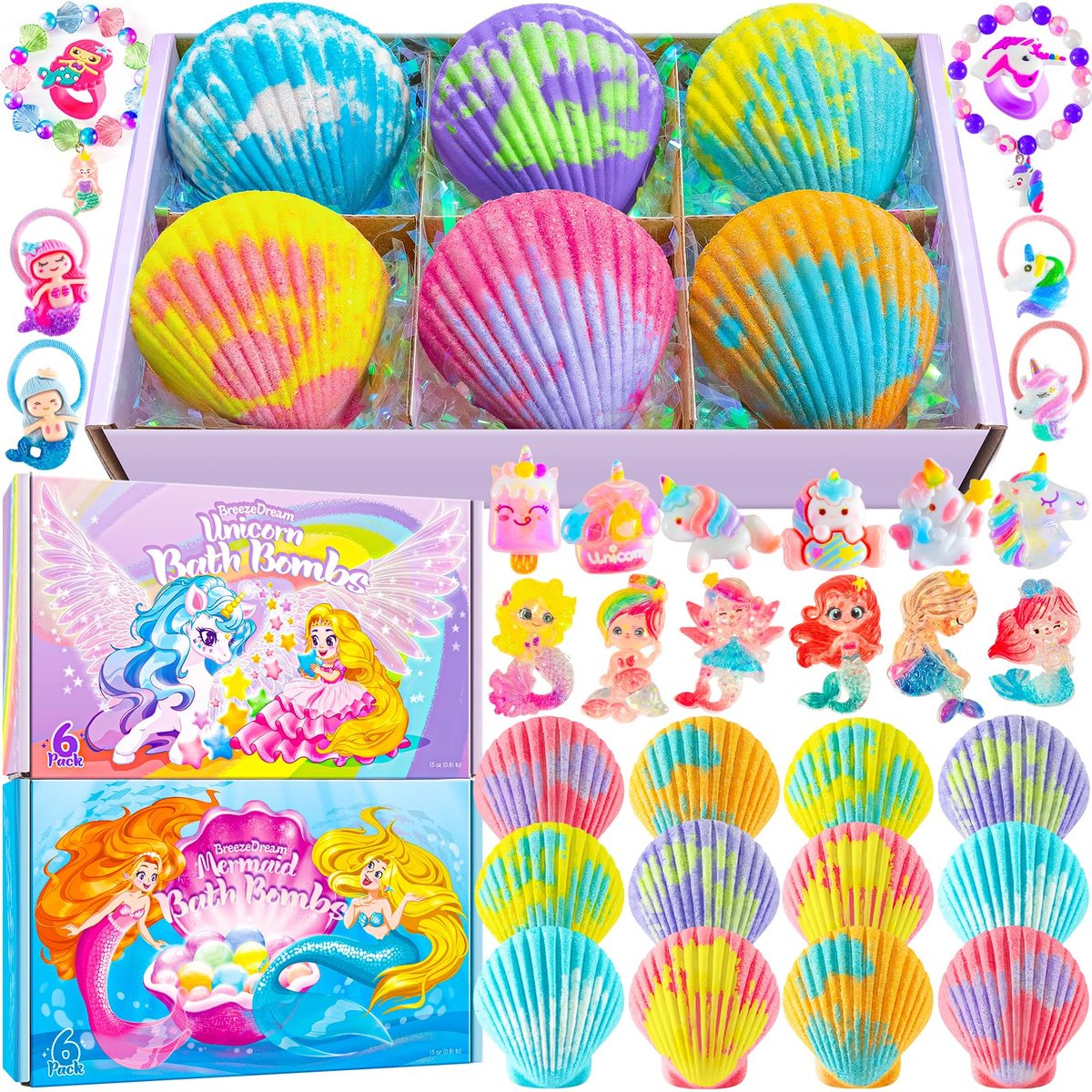 Shell Bath Bombs for Girls – 12 Pack Child-Safe Aromatherapy Bath Bombs with 20 Surprise Toys Inside, 6 Fruity Scents in 2 Gift Boxes (Mermaid & Unicorn Themes) Avelisse