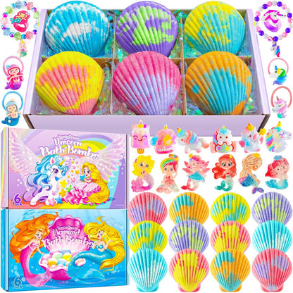 Shell Bath Bombs for Girls – 12 Pack Child-Safe Aromatherapy Bath Bombs with 20 Surprise Toys Inside, 6 Fruity Scents in 2 Gift Boxes (Mermaid & Unicorn Themes) Avelisse