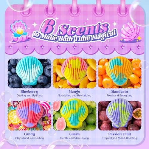 Shell Bath Bombs for Girls – 12 Pack Child-Safe Aromatherapy Bath Bombs with 20 Surprise Toys Inside, 6 Fruity Scents in 2 Gift Boxes (Mermaid & Unicorn Themes) Avelisse