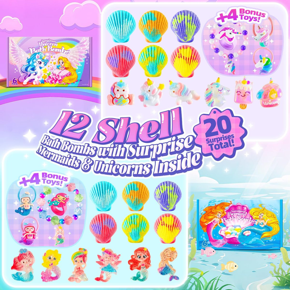 Shell Bath Bombs for Girls – 12 Pack Child-Safe Aromatherapy Bath Bombs with 20 Surprise Toys Inside, 6 Fruity Scents in 2 Gift Boxes (Mermaid & Unicorn Themes) Avelisse