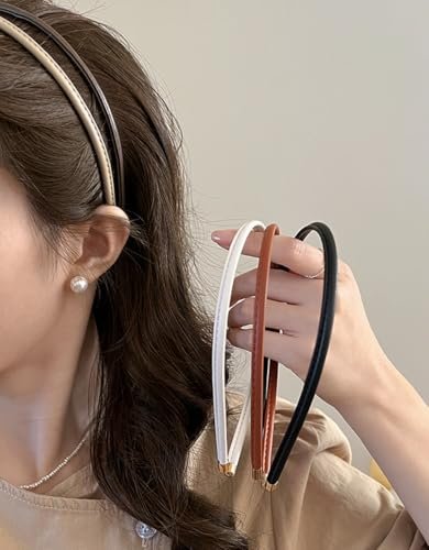 Thin Skinny Leather Headbands for Women - 5 Pack Neutral Colors No Headache Non-Slip Hair Accessories - görsel 6