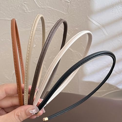 Thin Skinny Leather Headbands for Women - 5 Pack Neutral Colors No Headache Non-Slip Hair Accessories - görsel 2