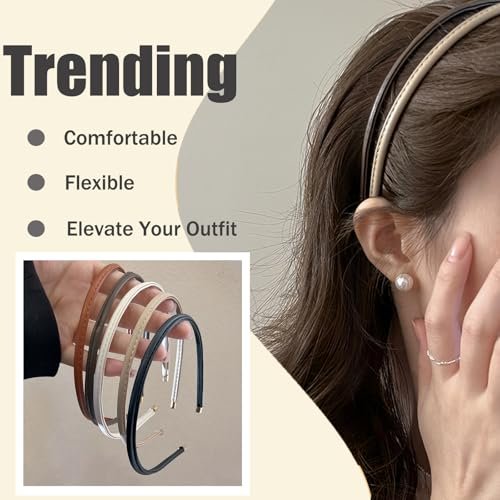 Thin Skinny Leather Headbands for Women - 5 Pack Neutral Colors No Headache Non-Slip Hair Accessories - görsel 10