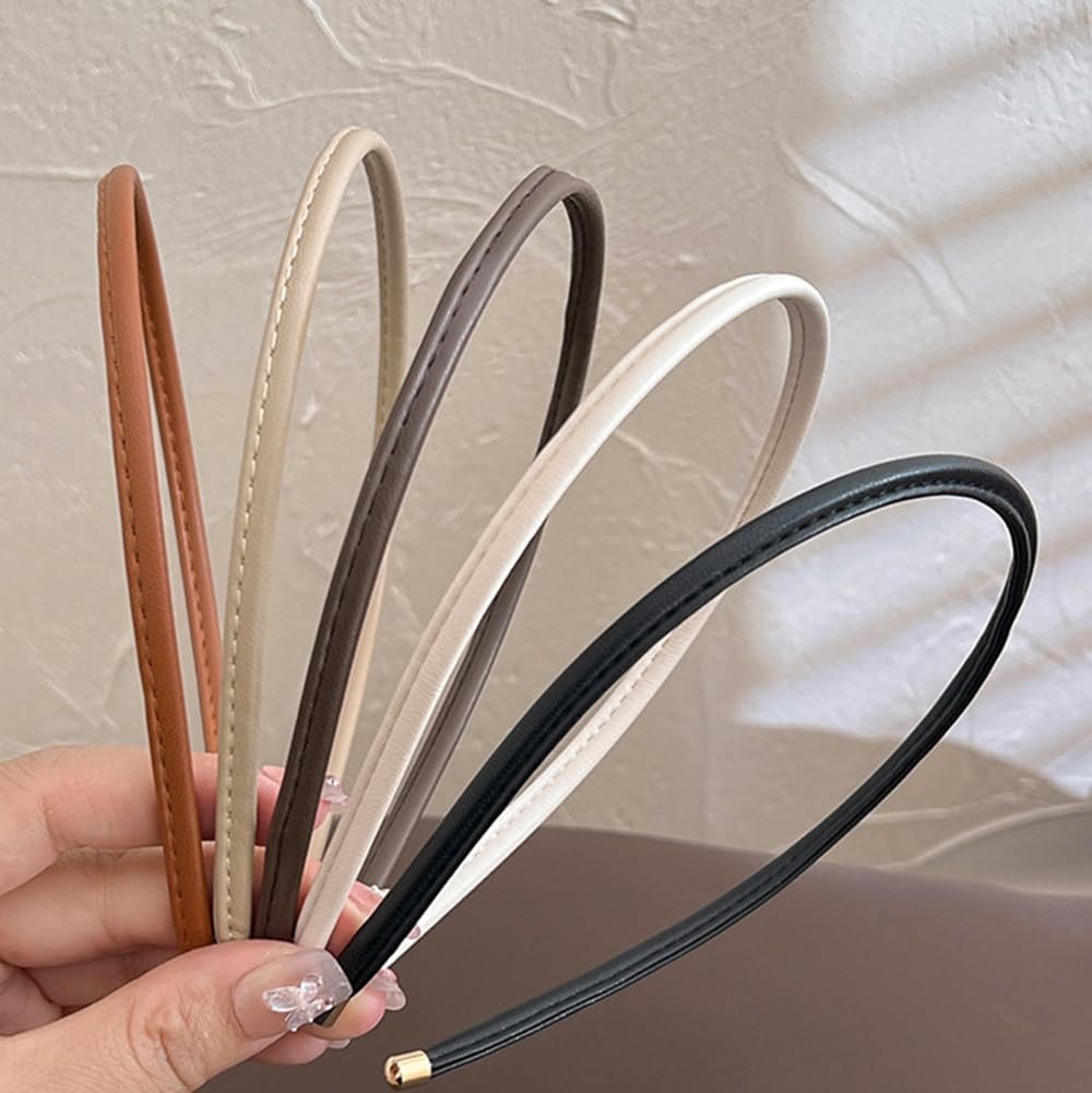 Thin Skinny Leather Headbands for Women - 5 Pack Neutral Colors No Headache Non-Slip Hair Accessories - görsel 1