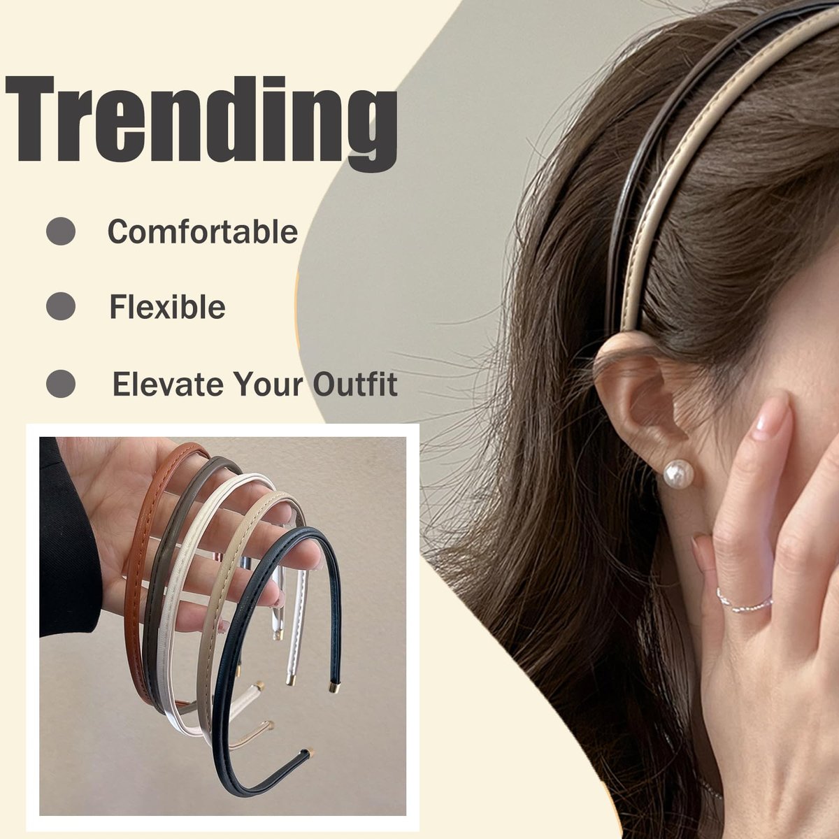 Thin Skinny Leather Headbands for Women - 5 Pack Neutral Colors No Headache Non-Slip Hair Accessories - görsel 9
