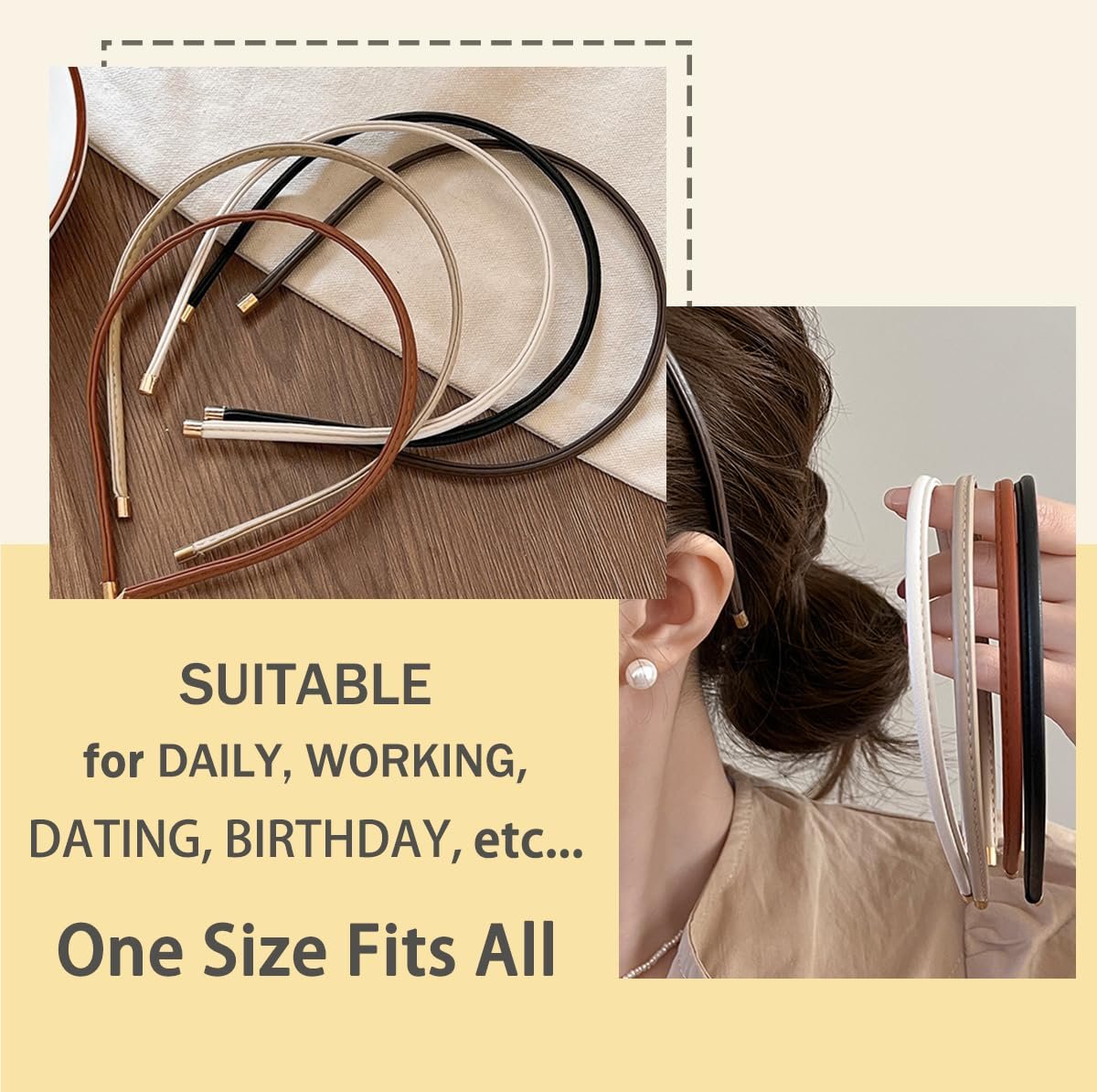 Thin Skinny Leather Headbands for Women - 5 Pack Neutral Colors No Headache Non-Slip Hair Accessories - görsel 11