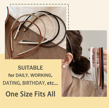 Thin Skinny Leather Headbands for Women - 5 Pack Neutral Colors No Headache Non-Slip Hair Accessories