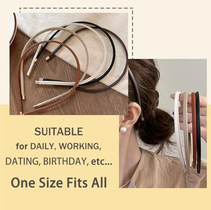 Thin Skinny Leather Headbands for Women - 5 Pack Neutral Colors No Headache Non-Slip Hair Accessories