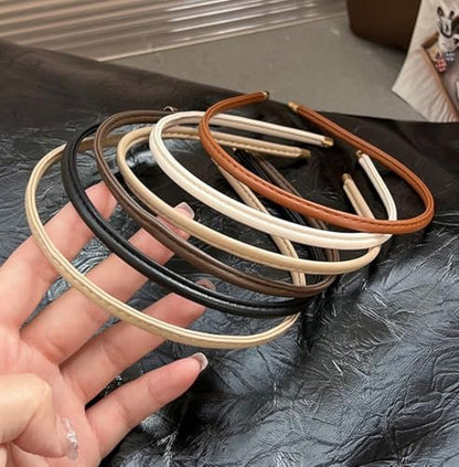 Thin Skinny Leather Headbands for Women - 5 Pack Neutral Colors No Headache Non-Slip Hair Accessories