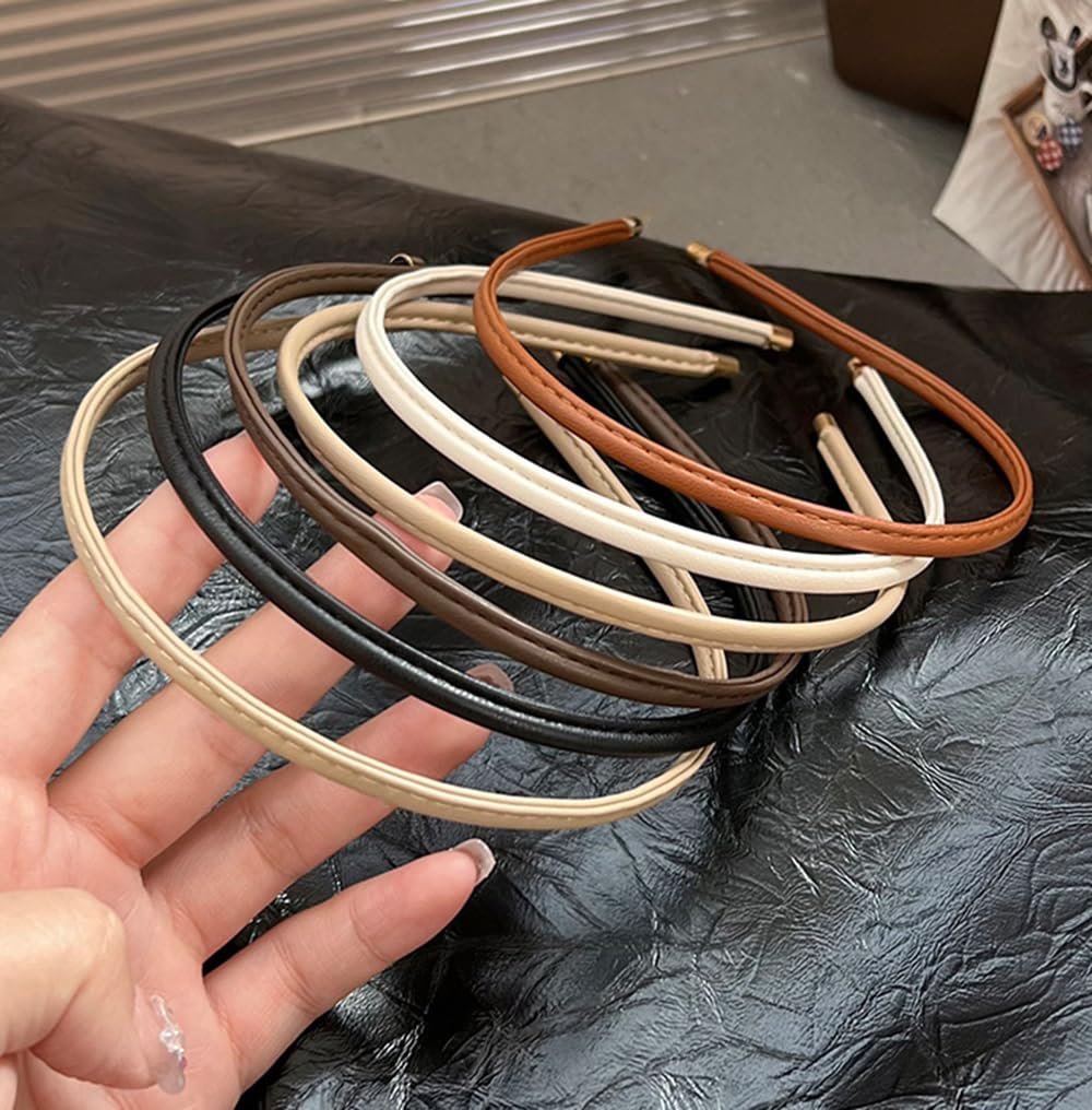 Thin Skinny Leather Headbands for Women - 5 Pack Neutral Colors No Headache Non-Slip Hair Accessories - görsel 3