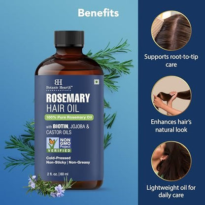 Botanic Hearth 100% Pure Rosemary Oil for Hair Growth - Infused with Biotin, Jojoba & Castor Oil - Hair Tonic for Dry Damaged Hair, Strengthening, Healthier, 2.0 fl oz