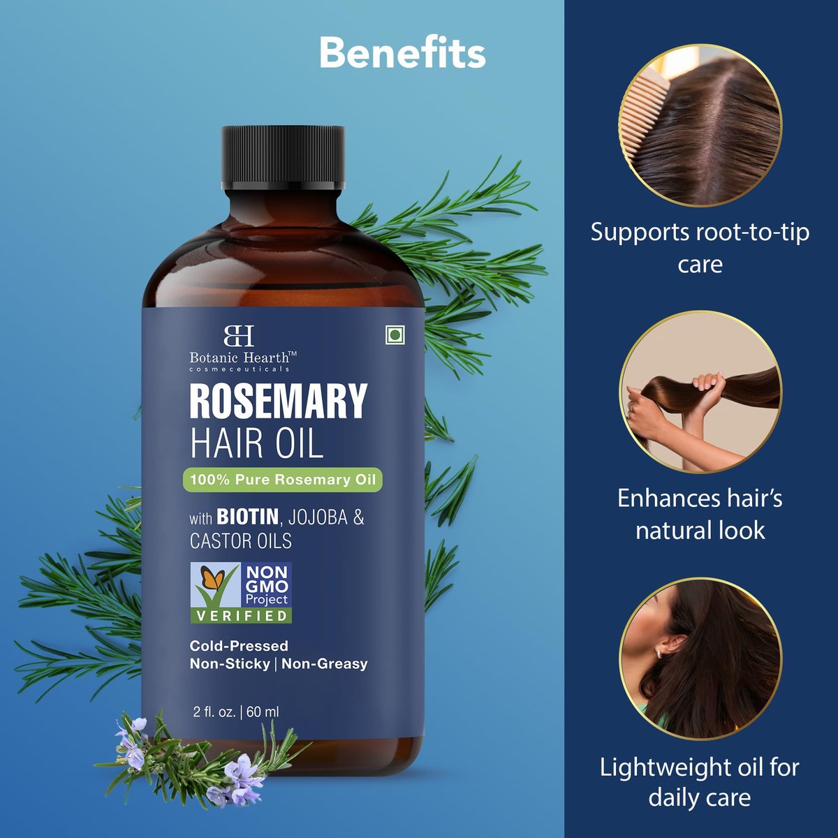 Botanic Hearth 100% Pure Rosemary Oil for Hair Growth - Infused with Biotin, Jojoba & Castor Oil - Hair Tonic for Dry Damaged Hair, Strengthening, Healthier, 2.0 fl oz - görsel 11