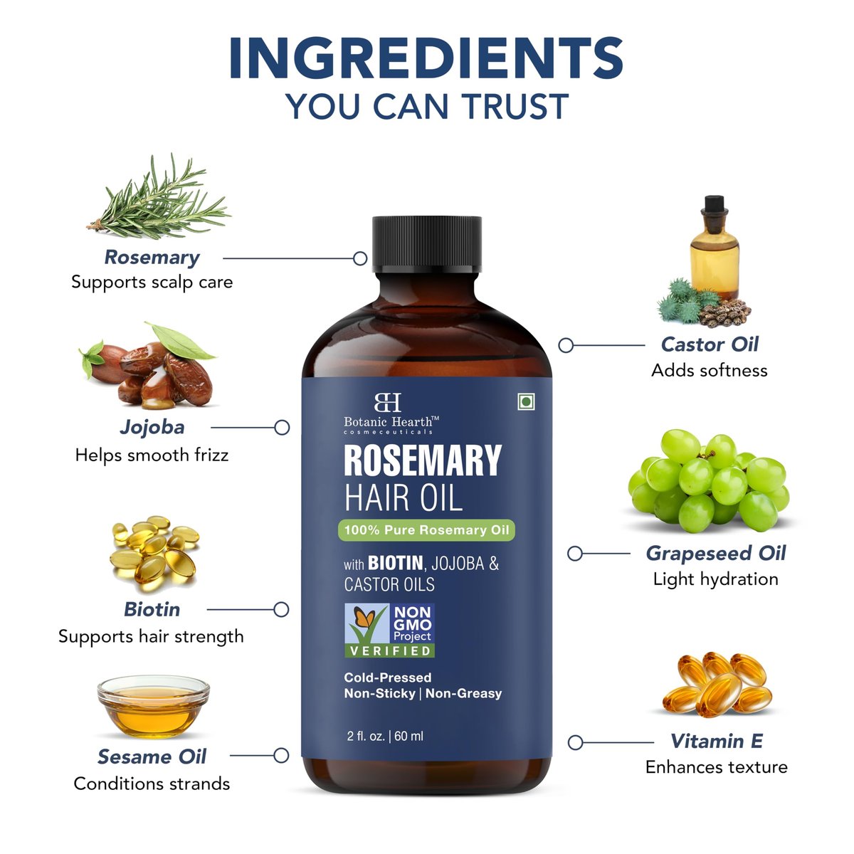 Botanic Hearth 100% Pure Rosemary Oil for Hair Growth - Infused with Biotin, Jojoba & Castor Oil - Hair Tonic for Dry Damaged Hair, Strengthening, Healthier, 2.0 fl oz - görsel 9