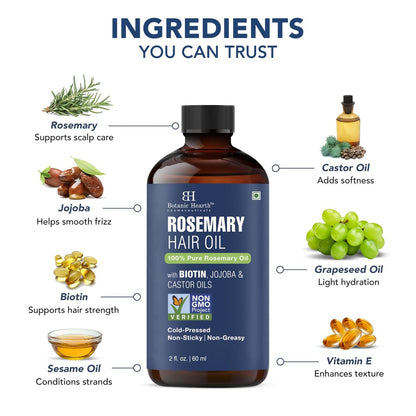 Botanic Hearth 100% Pure Rosemary Oil for Hair Growth - Infused with Biotin, Jojoba & Castor Oil - Hair Tonic for Dry Damaged Hair, Strengthening, Healthier, 2.0 fl oz