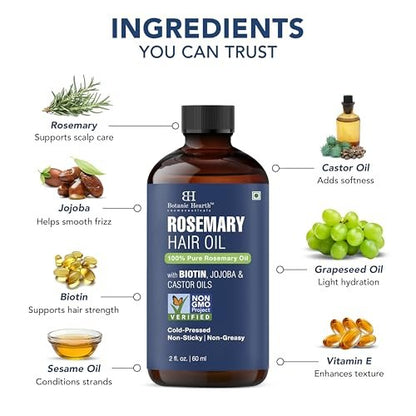 Botanic Hearth 100% Pure Rosemary Oil for Hair Growth - Infused with Biotin, Jojoba & Castor Oil - Hair Tonic for Dry Damaged Hair, Strengthening, Healthier, 2.0 fl oz