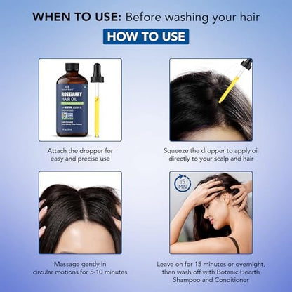 Botanic Hearth 100% Pure Rosemary Oil for Hair Growth - Infused with Biotin, Jojoba & Castor Oil - Hair Tonic for Dry Damaged Hair, Strengthening, Healthier, 2.0 fl oz