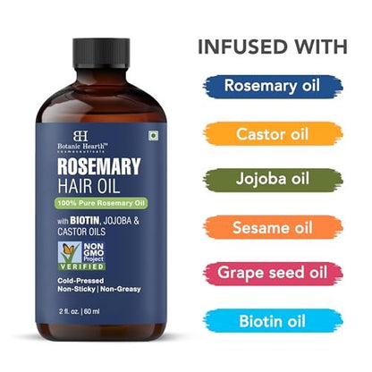 Botanic Hearth 100% Pure Rosemary Oil for Hair Growth - Infused with Biotin, Jojoba & Castor Oil - Hair Tonic for Dry Damaged Hair, Strengthening, Healthier, 2.0 fl oz