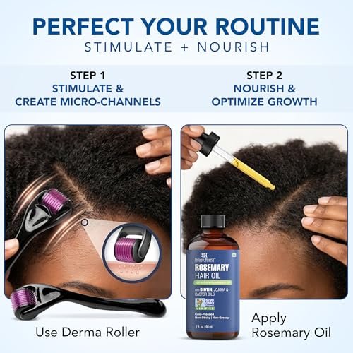 Botanic Hearth Derma Roller for Hair Growth with Rosemary Hair Oil (2 oz) – Microneedling Roller for Scalp, Beard & Face – for Women & Men – Includes Biotin, Jojoba & Castor Oil Avelisse