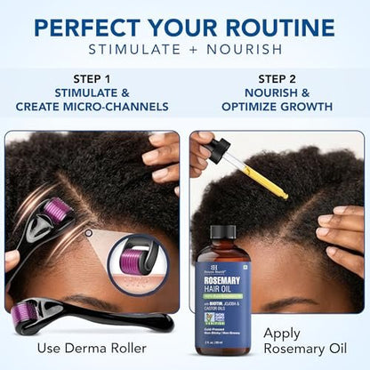 Botanic Hearth Derma Roller for Hair Growth with Rosemary Hair Oil (2 oz) – Microneedling Roller for Scalp, Beard & Face – for Women & Men – Includes Biotin, Jojoba & Castor Oil Avelisse