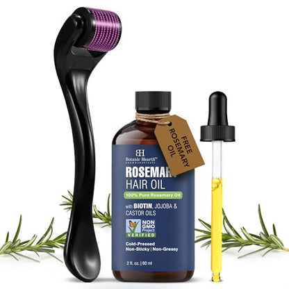 Botanic Hearth Derma Roller for Hair Growth with Rosemary Hair Oil (2 oz) – Microneedling Roller for Scalp, Beard & Face – for Women & Men – Includes Biotin, Jojoba & Castor Oil Avelisse