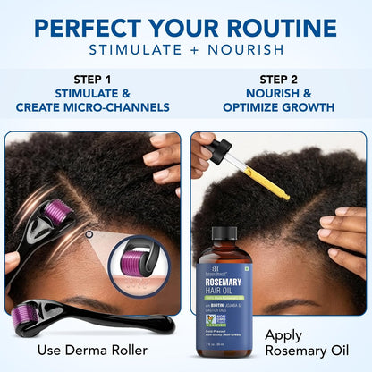 Botanic Hearth Derma Roller for Hair Growth with Rosemary Hair Oil (2 oz) – Microneedling Roller for Scalp, Beard & Face – for Women & Men – Includes Biotin, Jojoba & Castor Oil Avelisse