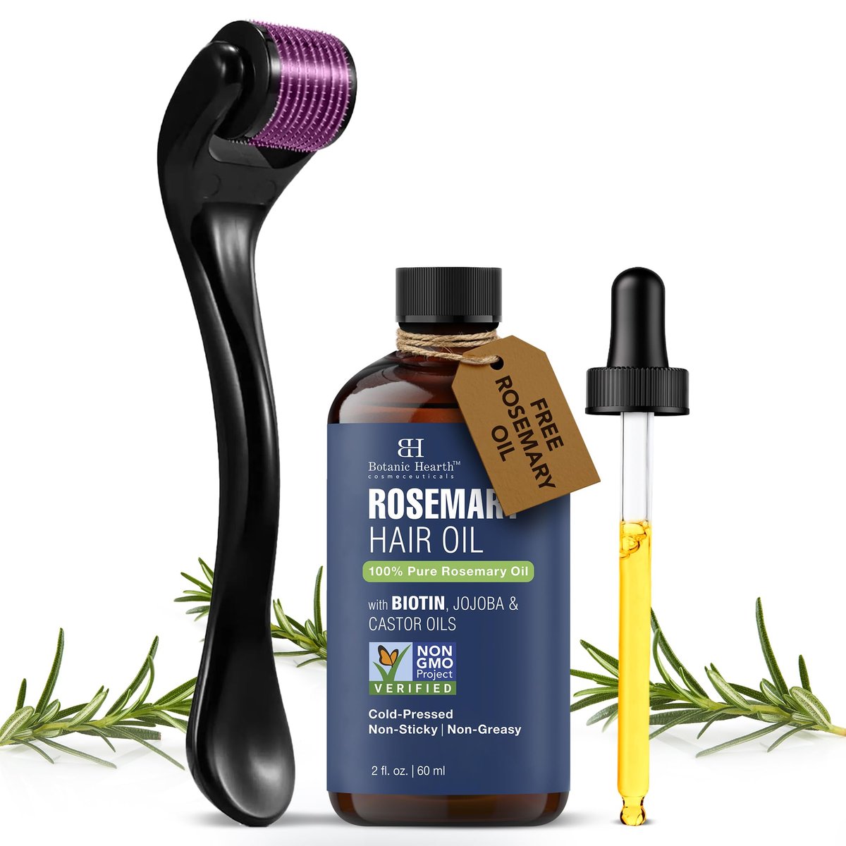 Botanic Hearth Derma Roller for Hair Growth with Rosemary Hair Oil (2 oz) – Microneedling Roller for Scalp, Beard & Face – for Women & Men – Includes Biotin, Jojoba & Castor Oil Avelisse