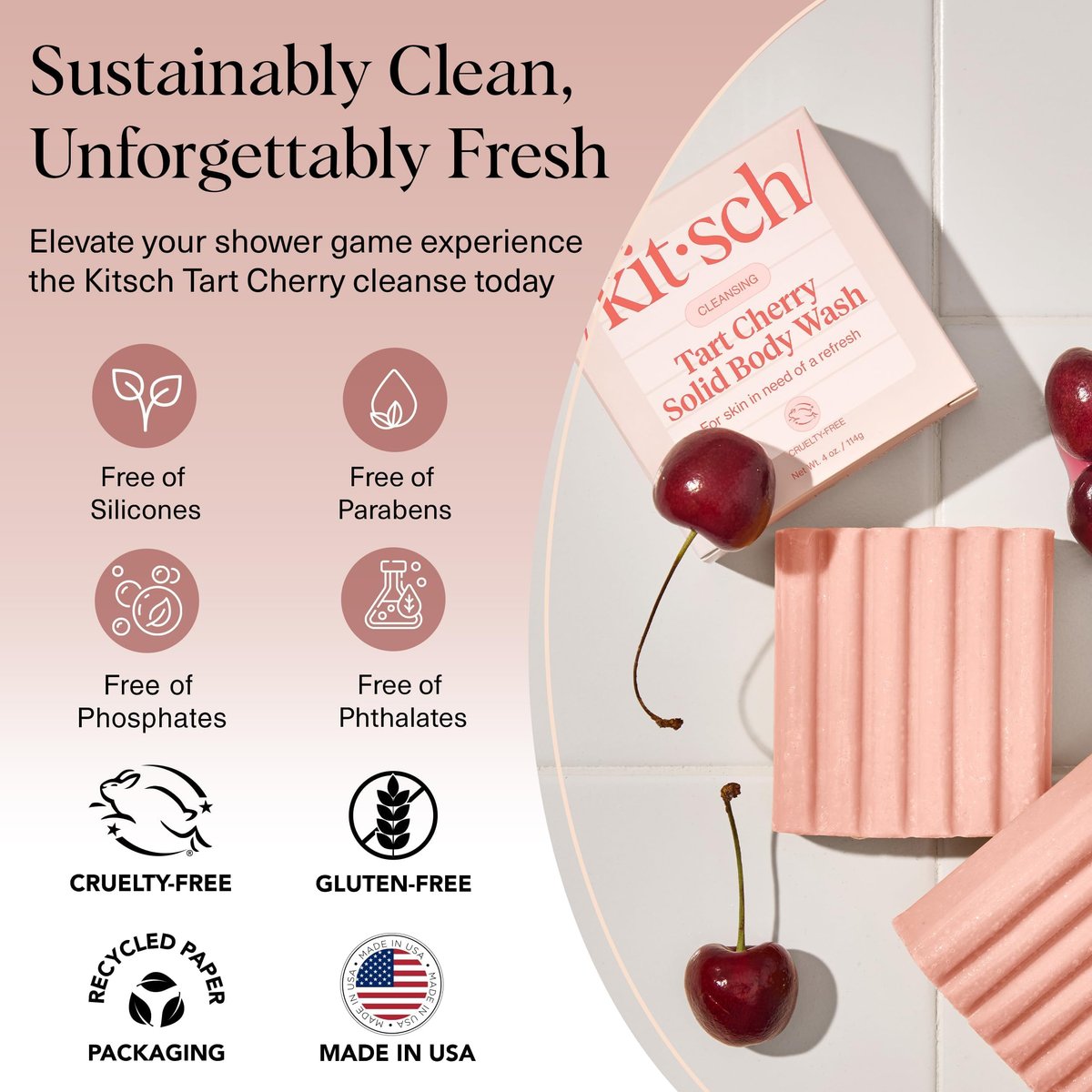 Kitsch Cleansing Tart Cherry Soap Bar - Refreshing Scent, Eco-Friendly Solid Body Wash, Sulfate & Paraben Free, Made in USA, 4oz - görsel 13