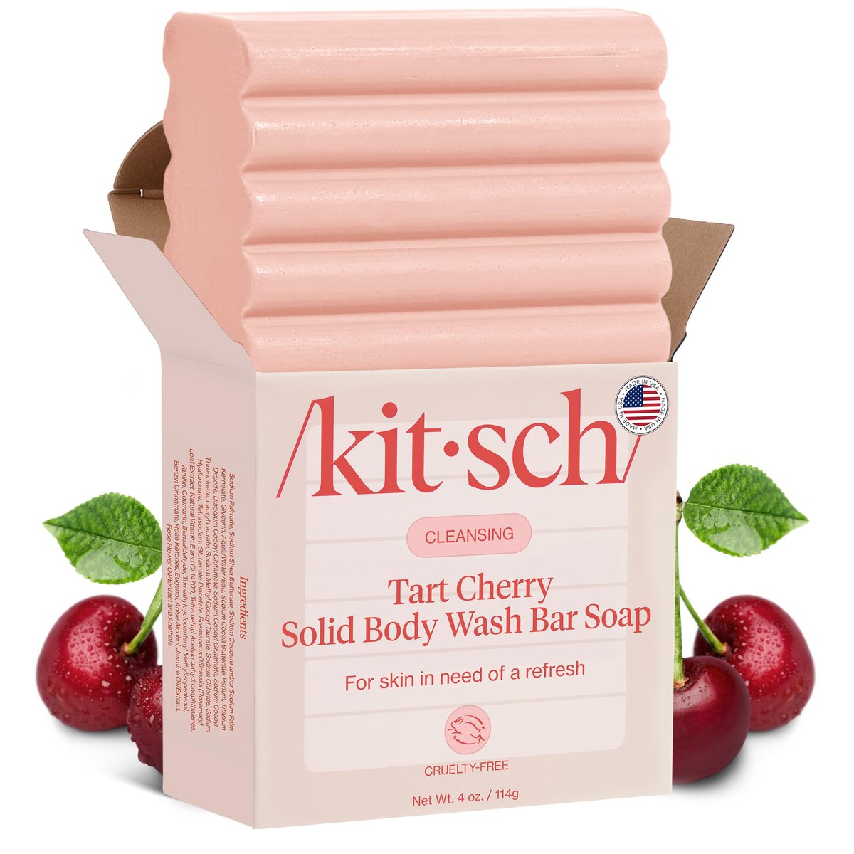 Kitsch Cleansing Tart Cherry Soap Bar - Refreshing Scent, Eco-Friendly Solid Body Wash, Sulfate & Paraben Free, Made in USA, 4oz - görsel 1
