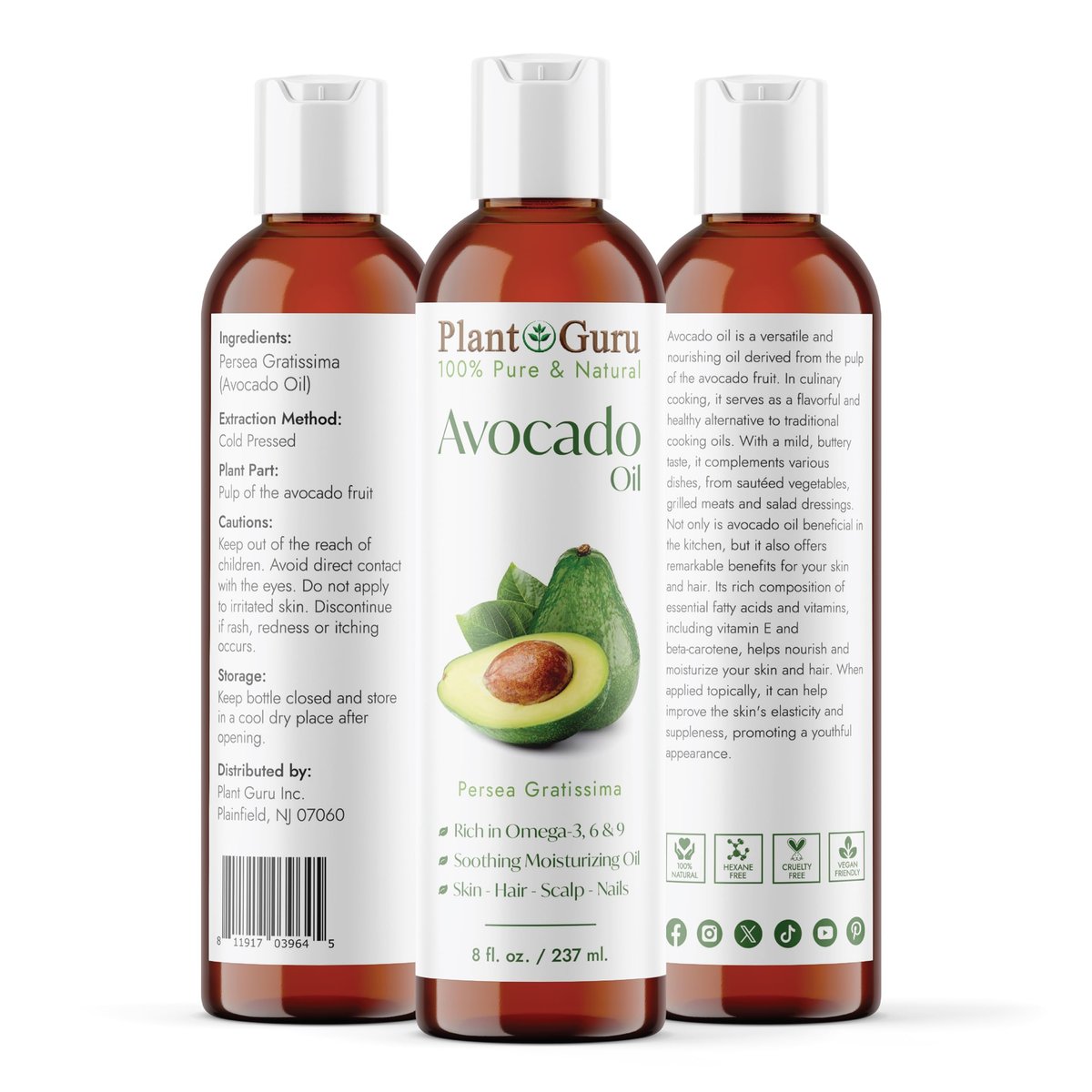 Plant Guru 100% Pure Cold Pressed Avocado Oil - 8 fl oz Natural Carrier Oil for Skin, Face, Hair Growth, DIY Creams, Lotions, Lip Balm & Soap Making - görsel 3