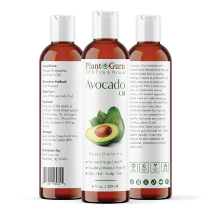 Plant Guru 100% Pure Cold Pressed Avocado Oil - 8 fl oz Natural Carrier Oil for Skin, Face, Hair Growth, DIY Creams, Lotions, Lip Balm & Soap Making