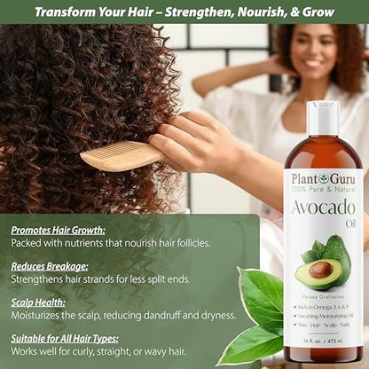 Plant Guru 100% Pure Cold Pressed Avocado Oil - 8 fl oz Natural Carrier Oil for Skin, Face, Hair Growth, DIY Creams, Lotions, Lip Balm & Soap Making