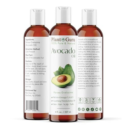 Plant Guru 100% Pure Cold Pressed Avocado Oil - 8 fl oz Natural Carrier Oil for Skin, Face, Hair Growth, DIY Creams, Lotions, Lip Balm & Soap Making