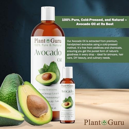 Plant Guru 100% Pure Cold Pressed Avocado Oil - 8 fl oz Natural Carrier Oil for Skin, Face, Hair Growth, DIY Creams, Lotions, Lip Balm & Soap Making