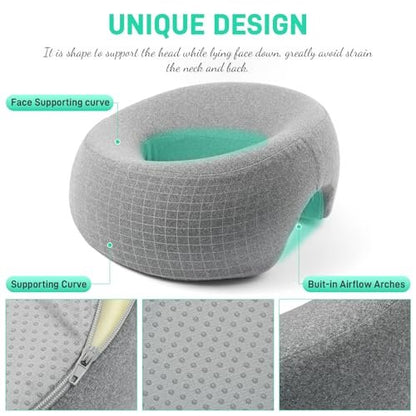 DabaTag Face Down Pillow Massage Headrest for Bed - Comfort Face Pillow for Stomach Sleeping, Face Cradle, Post-Surgery Recovery (Gray)