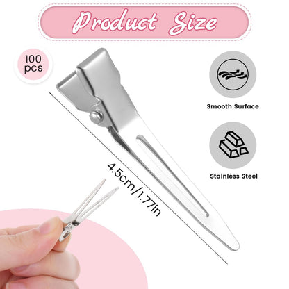 100 Pcs Metal Duck Billed Curl Clips for Hair - 1.77 Inch Silver Single Prong Sectioning Clips for Styling, Setting, and Extensions