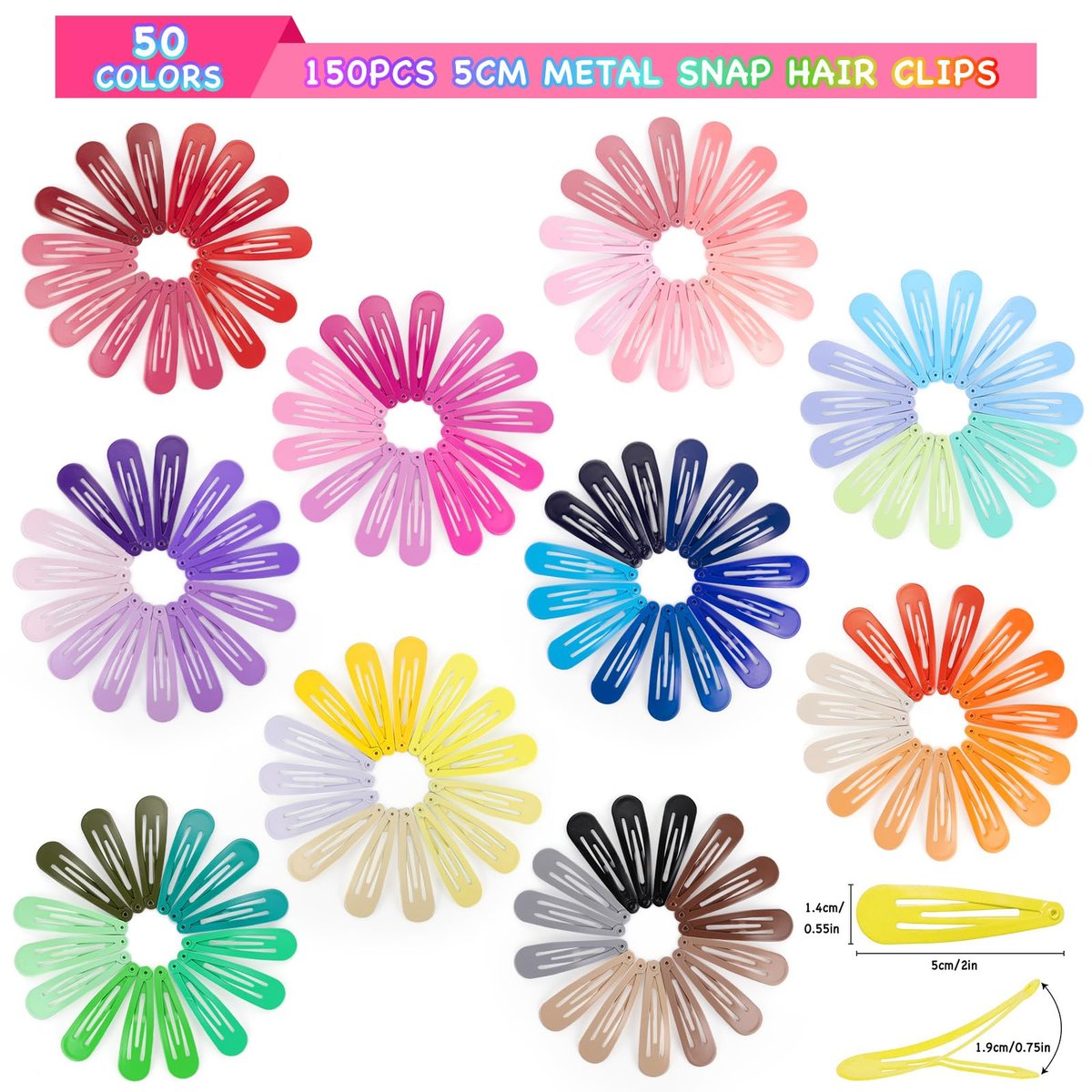 Funtopia 150pcs Hair Clips for Girls - 50 Colors Snap Hair Barrettes with Storage Case, Non-Slip Metal Clips for Women, Toddlers, Kids & Teens - görsel 4