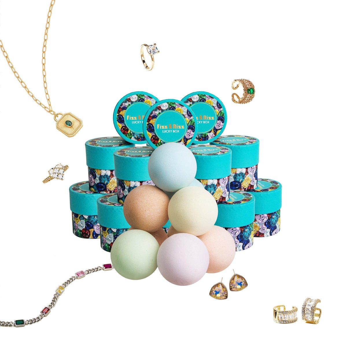 Fizz & Rizz Jewelry Mystery Bath Bomb – Surprise Rings, Necklaces, Earrings, Bracelets & Chance to Reveal High-Value Jewelry (1 Piece, Blue) Avelisse