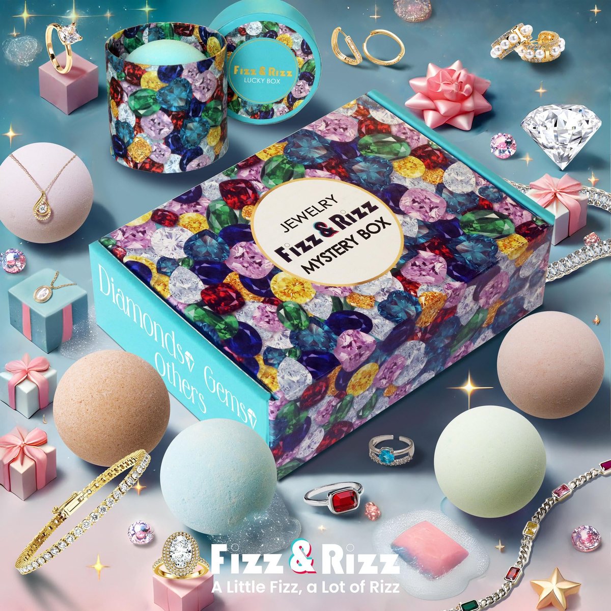 Fizz & Rizz Jewelry Mystery Bath Bomb – Surprise Rings, Necklaces, Earrings, Bracelets & Chance to Reveal High-Value Jewelry (1 Piece, Blue) Avelisse