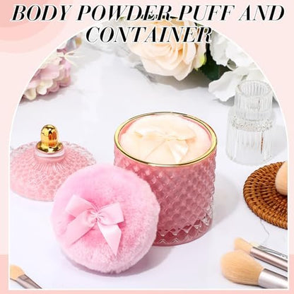 Chunful 3-Piece Large Body Powder Puff Set with 5-Inch Pink Container & 3.5-Inch Soft Reusable Puffs - Washable, Wet & Dry Use for Talcum or Loose Powder