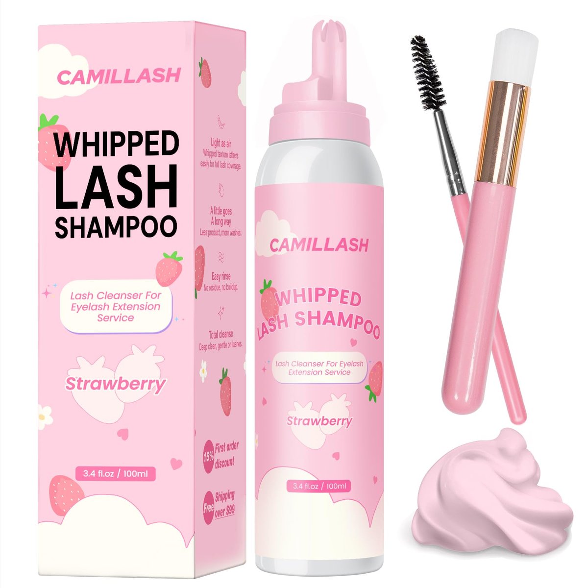 Whipped Lash Cream Shampoo Foam Cleanser | Eyelash Extension Cleaning Bath Kit | Salon & Home Use 100ml Strawberry Pink Avelisse