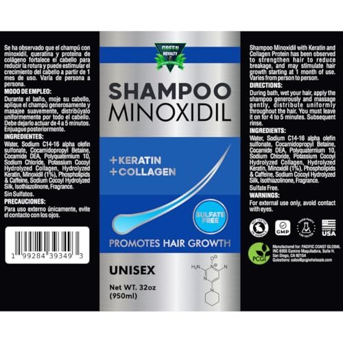 GREEN ROYALTY Minoxidil Shampoo – Sulfate-Free with Keratin & Collagen – Deep Cleansing & Nourishing Formula for Fuller, Thicker-Looking Hair – Unisex – 32oz (950ml) Avelisse