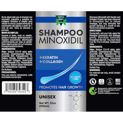 GREEN ROYALTY Minoxidil Shampoo – Sulfate-Free with Keratin & Collagen – Deep Cleansing & Nourishing Formula for Fuller, Thicker-Looking Hair – Unisex – 32oz (950ml) Avelisse
