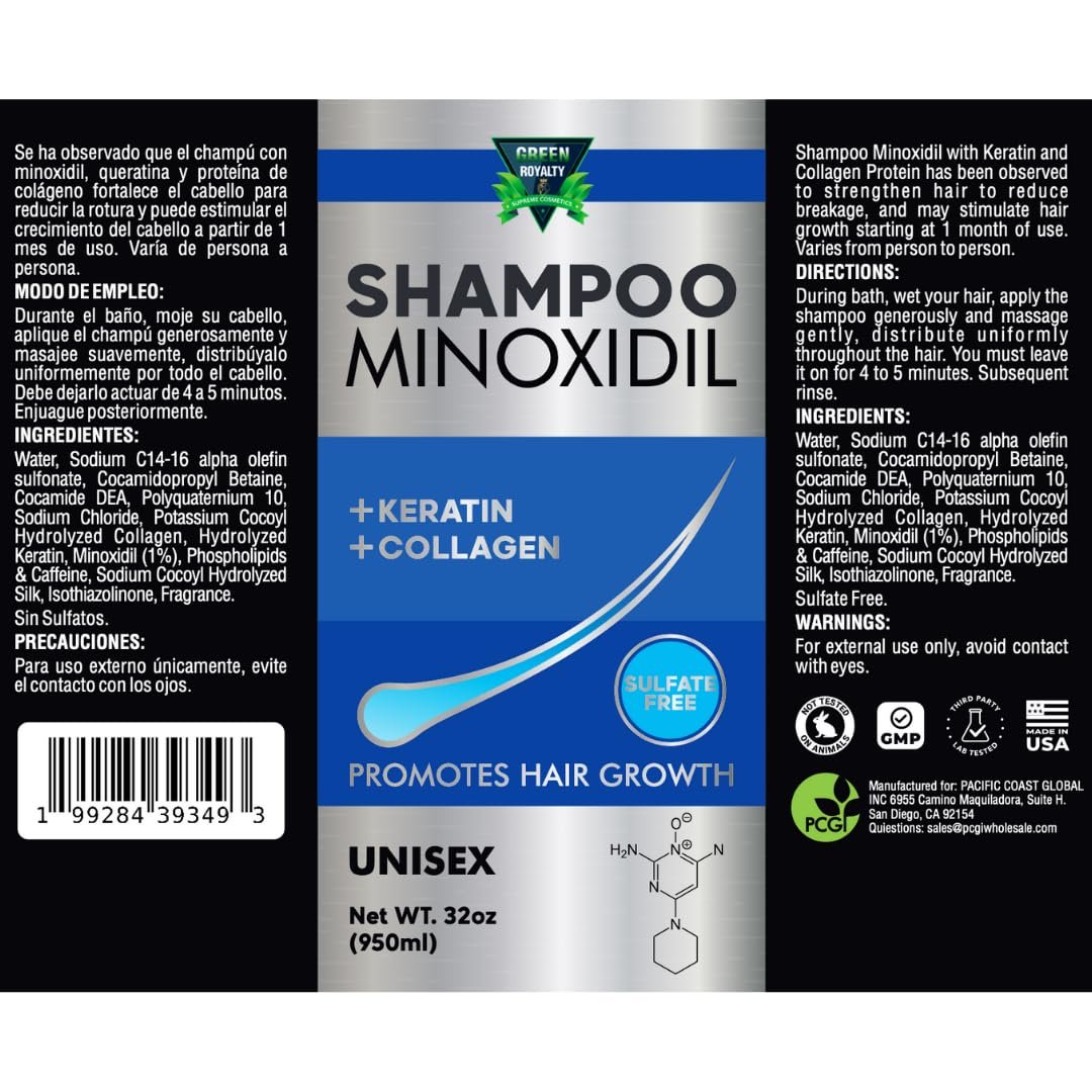 GREEN ROYALTY Minoxidil Shampoo – Sulfate-Free with Keratin & Collagen – Deep Cleansing & Nourishing Formula for Fuller, Thicker-Looking Hair – Unisex – 32oz (950ml) Avelisse
