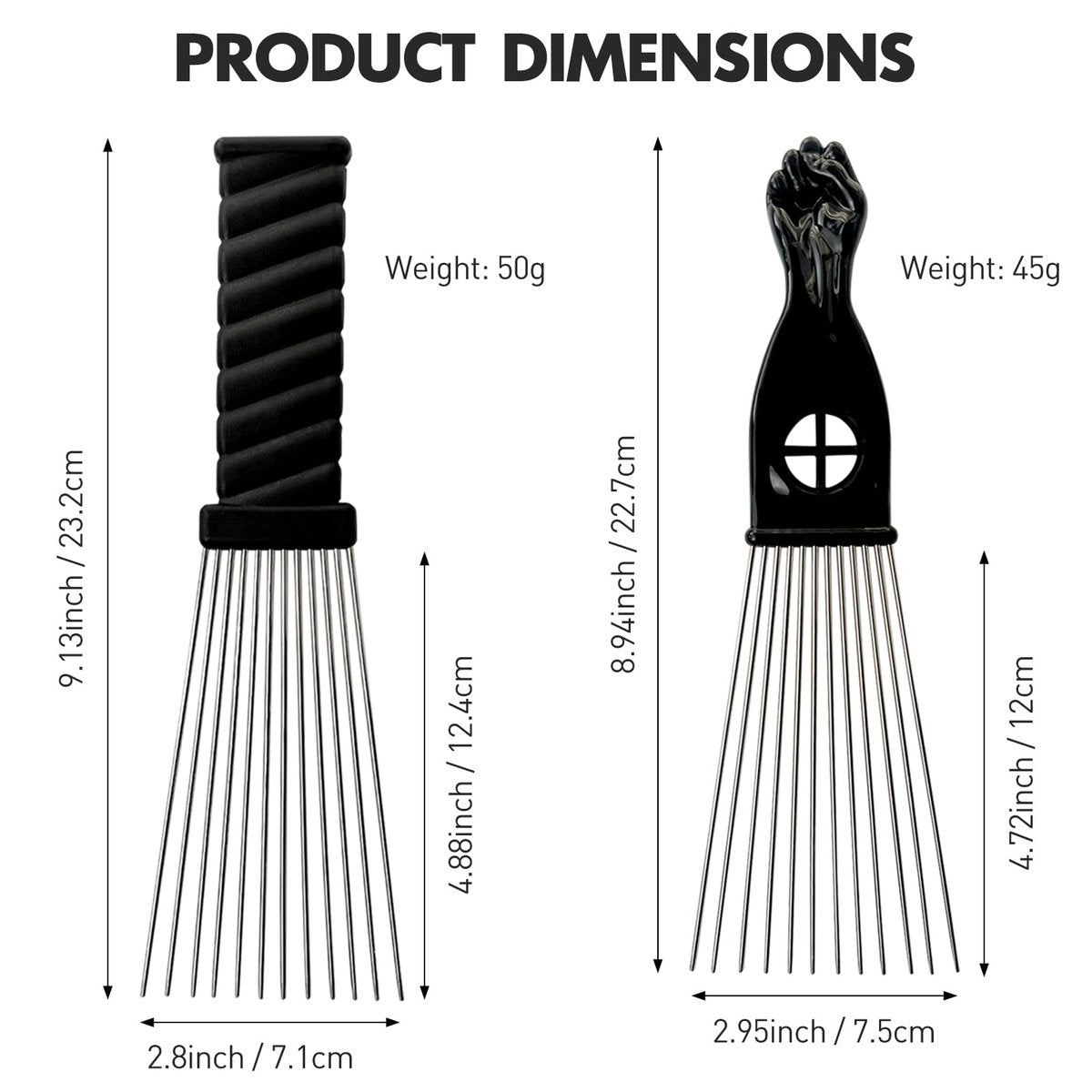 Metal Afro Comb Set – 2PCS African American Hair Pick Comb, Wide Teeth, Classic Black Fist Design – Styling Tool for Curly and Afro Hair - görsel 8