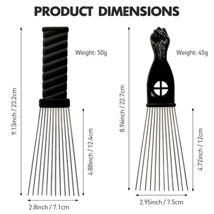 Metal Afro Comb Set – 2PCS African American Hair Pick Comb, Wide Teeth, Classic Black Fist Design – Styling Tool for Curly and Afro Hair