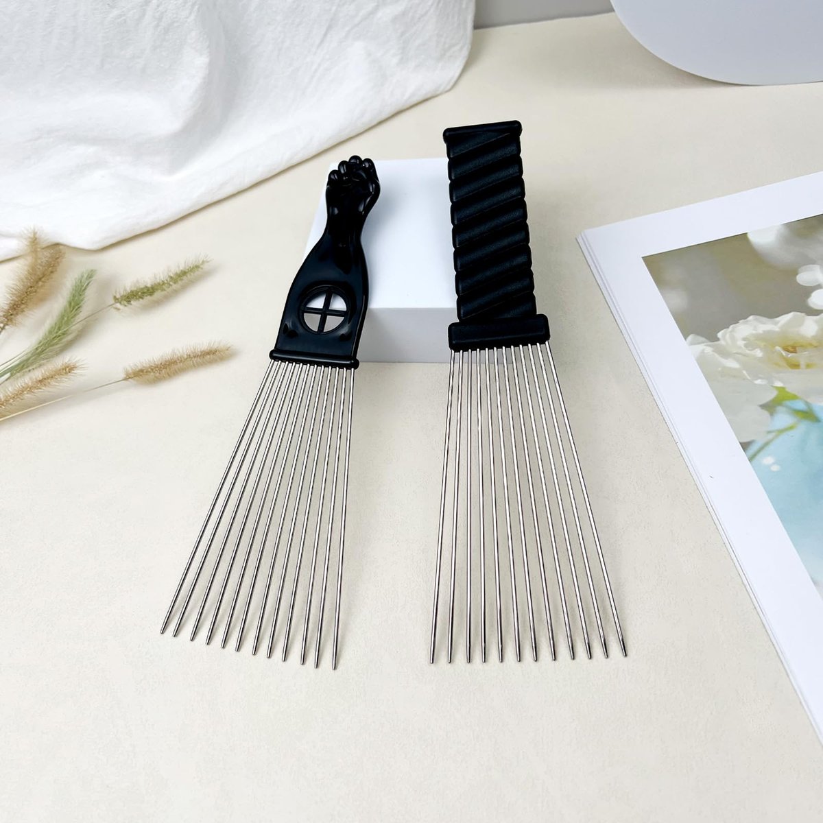 Metal Afro Comb Set – 2PCS African American Hair Pick Comb, Wide Teeth, Classic Black Fist Design – Styling Tool for Curly and Afro Hair - görsel 14