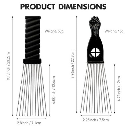 Metal Afro Comb Set – 2PCS African American Hair Pick Comb, Wide Teeth, Classic Black Fist Design – Styling Tool for Curly and Afro Hair