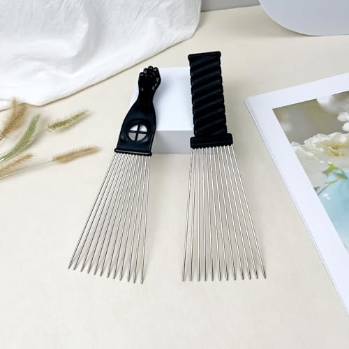 Metal Afro Comb Set – 2PCS African American Hair Pick Comb, Wide Teeth, Classic Black Fist Design – Styling Tool for Curly and Afro Hair - görsel 13