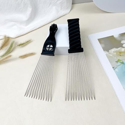 Metal Afro Comb Set – 2PCS African American Hair Pick Comb, Wide Teeth, Classic Black Fist Design – Styling Tool for Curly and Afro Hair