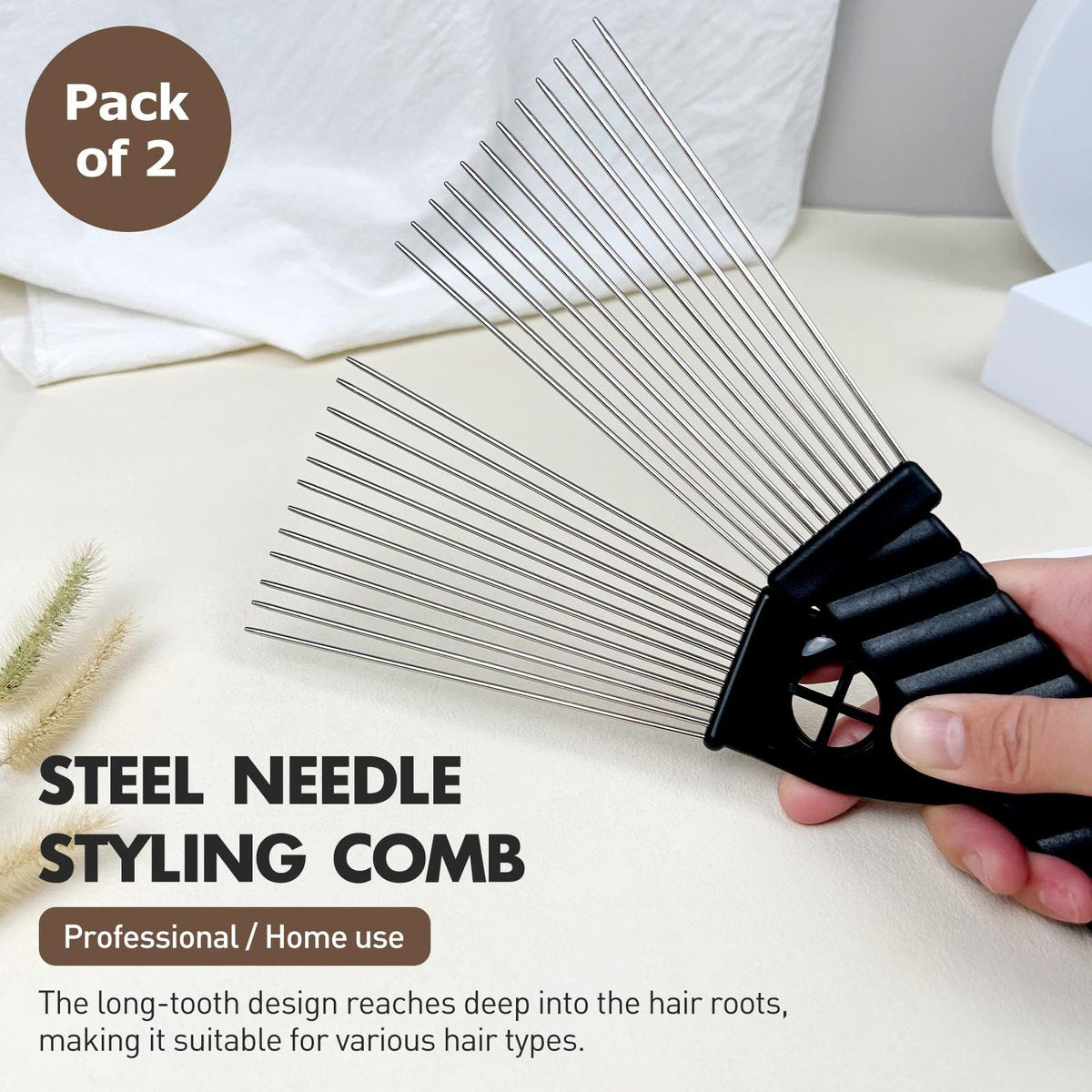 Metal Afro Comb Set – 2PCS African American Hair Pick Comb, Wide Teeth, Classic Black Fist Design – Styling Tool for Curly and Afro Hair - görsel 4